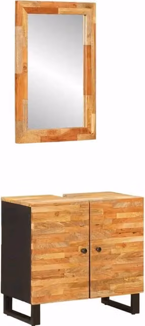 Set da bagno moderno vidaXL in legno di mango marrone composto da mobile lavabo e armadietto a specchio