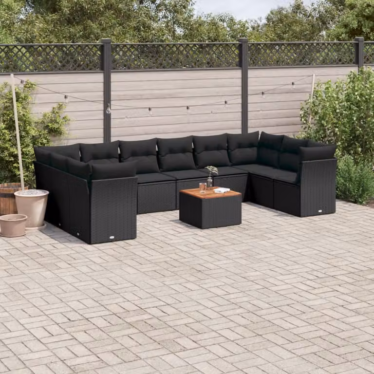 vidaXL Set Divani da Giardino 11 pz in Polyrattan Nero con Cuscini e Tavolino da Esterno