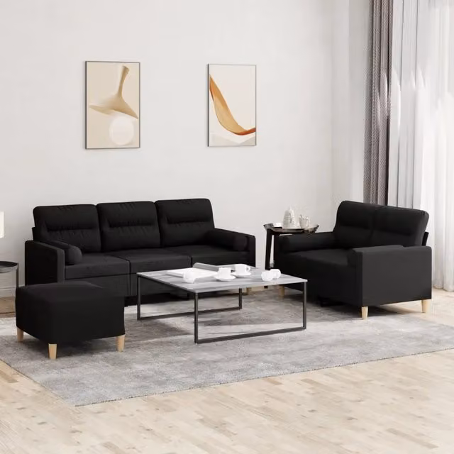 Set di Divani Moderno vidaXL in Tessuto Nero con Ottoman e Cuscini per Soggiorno – 1