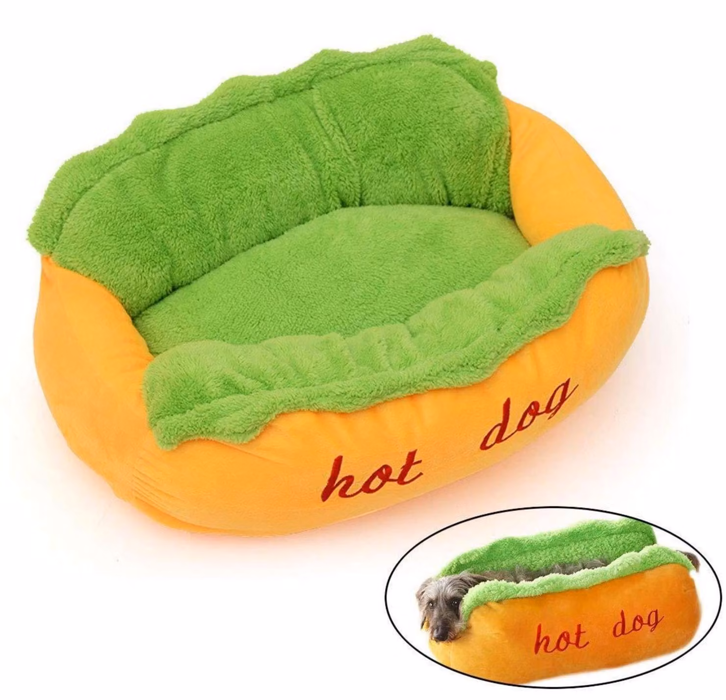 Cuccia per cani e gatti a forma di hot dog, lavabile, con rivestimento removibile