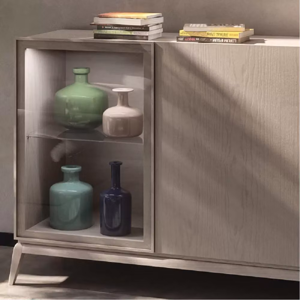Madia moderna Mobili2g in legno di frassino grigio opaco con ante e illuminazione integrata L: 185 cm, P: 49 cm, H: 99 cm – 2