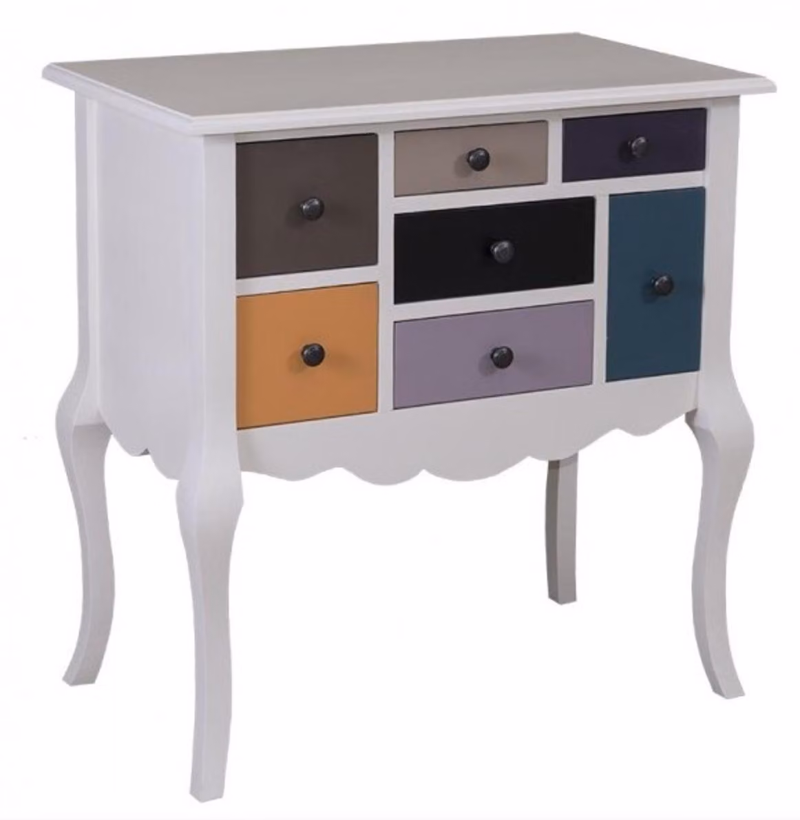 Comò Casa Padrino in stile barocco, ispirato all'Art Nouveau, in legno massello bianco con cassetti colorati, dimensioni 80 x 48 x 82 cm
