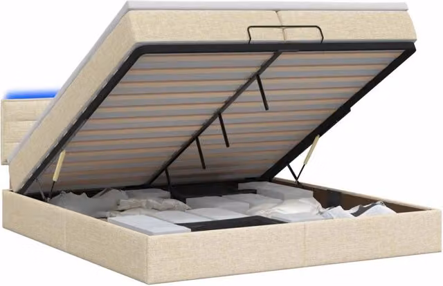 Letto Ottomano con Materasso Ibrido vidaXL in Tessuto Beige e Bianco con Illuminazione LED Sotto il Letto e Porte di Ricarica USB L/P/H: 200 x 200 x 88 cm – 1