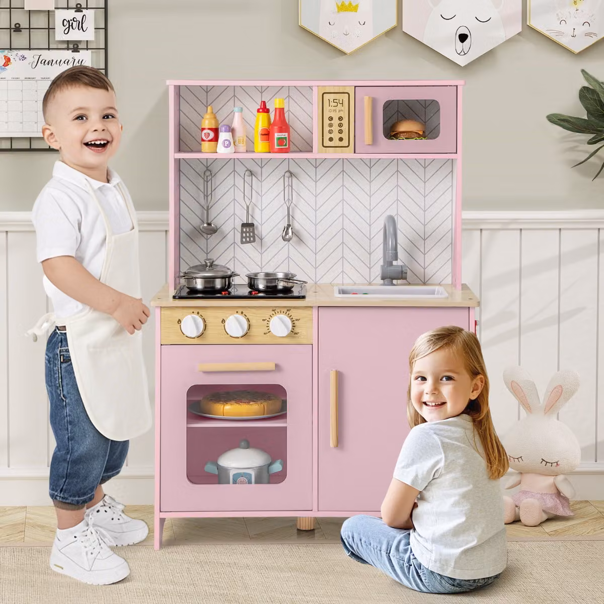 Set da cucina per bambini Costway in legno rosa con luci e accessori per il gioco educativo