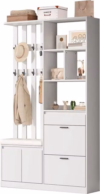Mobile ingresso moderno bianco in MDF con 2 ante, 1 cassetto, 2 ribalte e 10 ganci, L: 120 cm, H: 200 cm, P: 30 cm