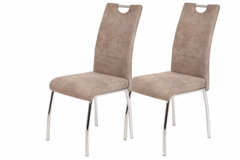 Tavoli Hela, set da 2 sedie da pranzo, sedia a quattro gambe Susi - microfibra beige vintage - struttura in metallo cromato - maniglia a staffa - portata max. 120 kg