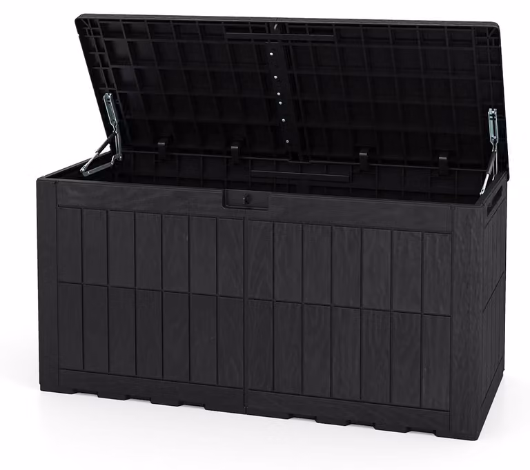 KOMFOTTEU - Contenitore resistente alle intemperie da 380 litri, scatola di stoccaggio con coperchio, dotata di ammortizzatori a gas e maniglie, 2-in-1: panchina da esterno e contenitore per cuscini, attrezzi da giardino e accessori per la piscina