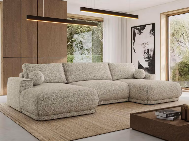 MKS MEBLE Divano ad angolo XXL RINA, divano componibile a forma di U con funzione letto e molle ondulate, funzione letto a scomparsa - Beige Strutturato