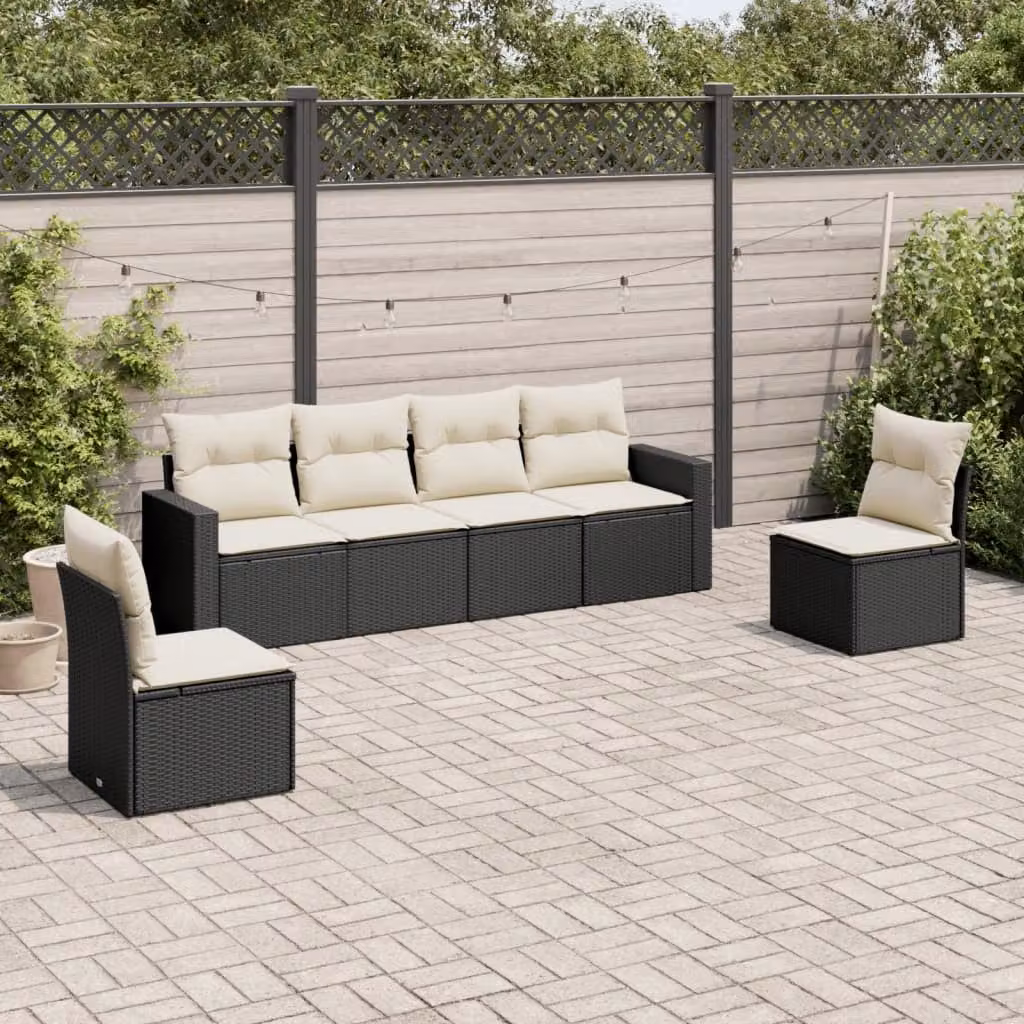 vidaXL Set Divano da Giardino 6 pz a Forma a L con Cuscini, Polyrattan e Acciaio Nero – 1