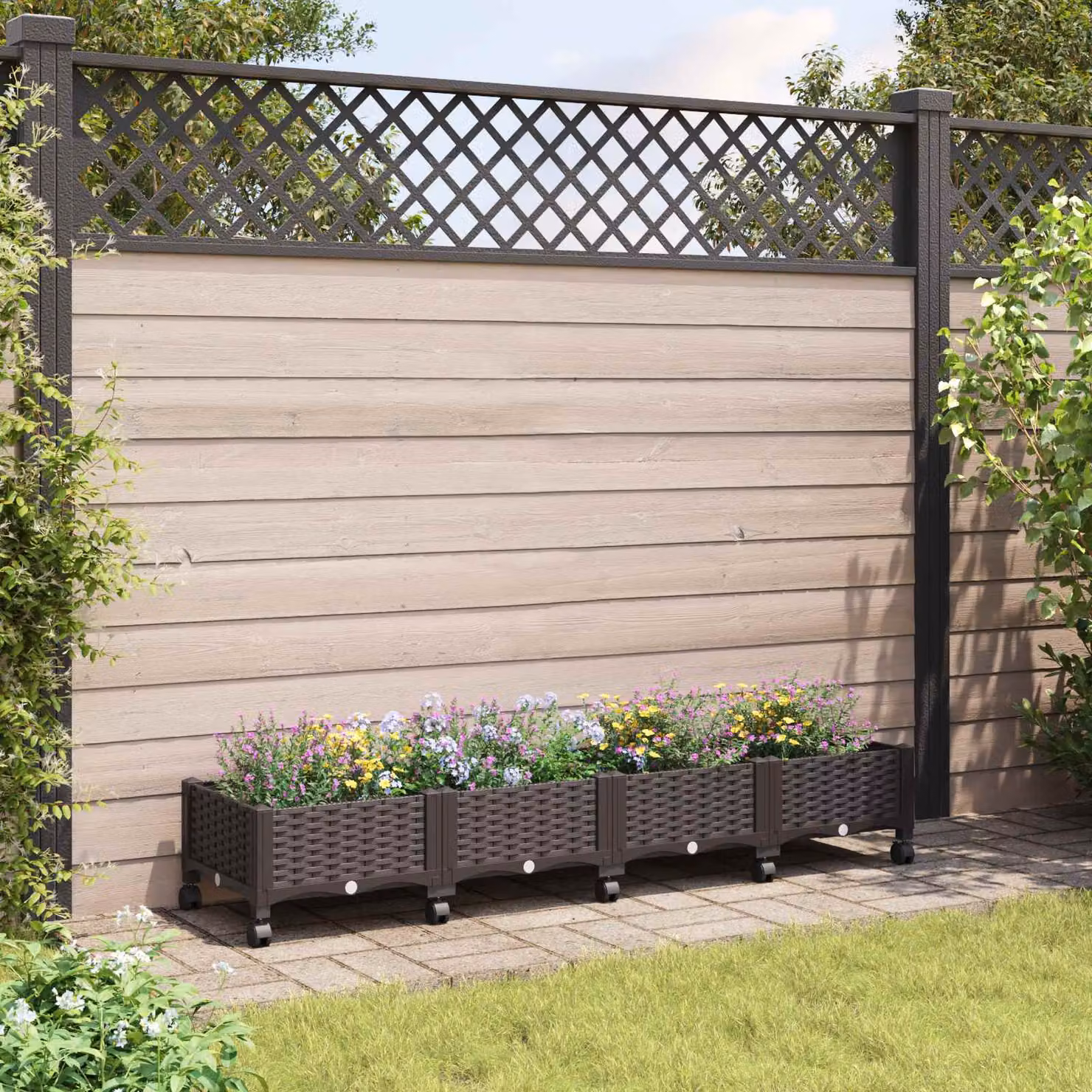 Vaso da giardino con ruote vidaXL in plastica marrone L 160 cm x P 40 cm x H 29 cm