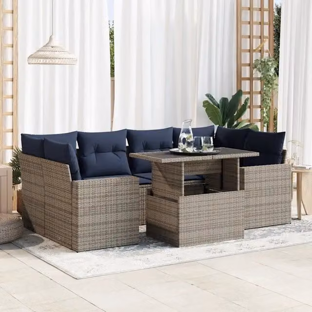 Set Divani da Giardino 7pz con Cuscini Grigio Polyrattan Acacia 3326272