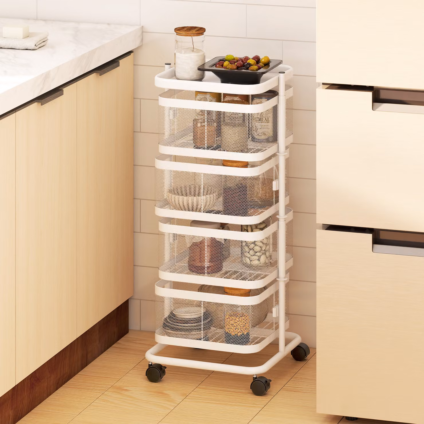 Carrello da cucina HOMCOM con 4 ripiani rotanti in metallo, Bianco, L/P/H: 33 x 33 x 77 cm – 2