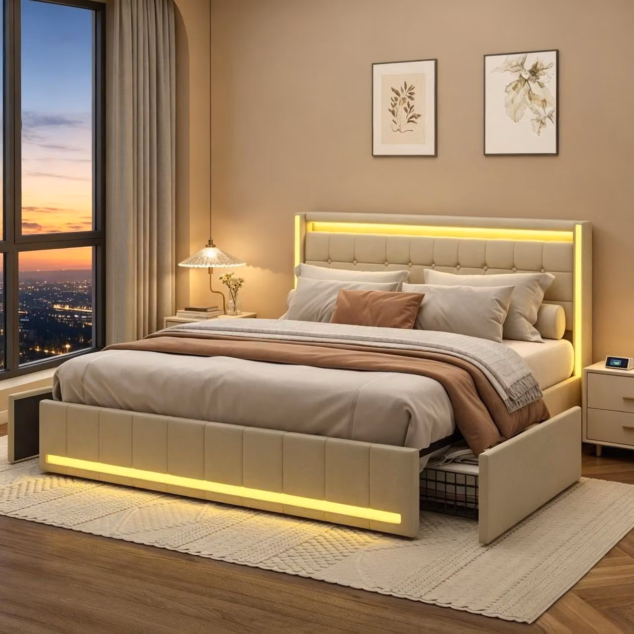 Letto INONEFT, dimensioni 160x200 cm, con spazio contenitore, 4 cassetti, imbottito, con illuminazione LED, prese USB e di tipo-C, rivestito in lino, colore beige, senza materasso