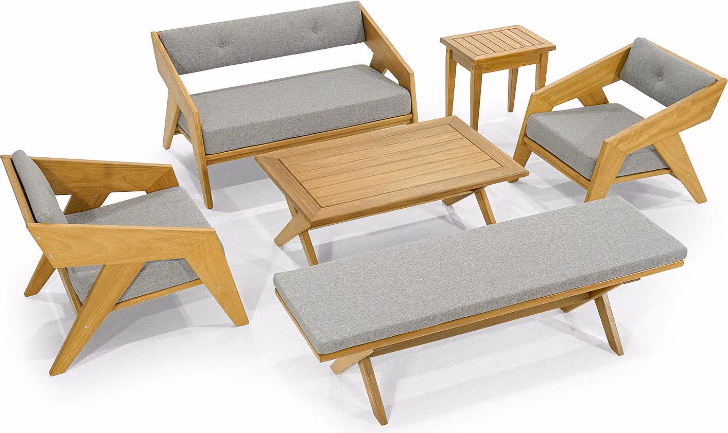 Stilvolle Hellgraue Gartenmöbel Designer Sitzbank Beistelltisch 2 Sessel