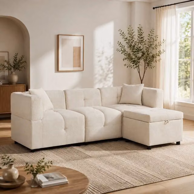 Divano modulare 3 posti con pouf contenitore; chenille beige; 204 × 126 × 69 cm
