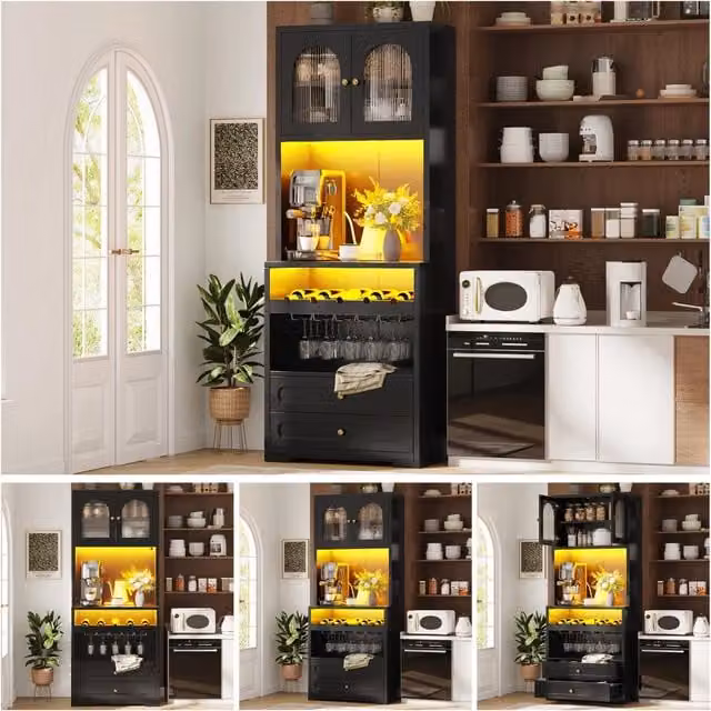 Alta Vetrina Nera con Ante in Vetro Curve, Illuminazione LED App e Sync Musica, Ripiani Regolabili, Portabottiglie, Porta USB, Antiribaltamento, per Soggiorno e Sala da Pranzo