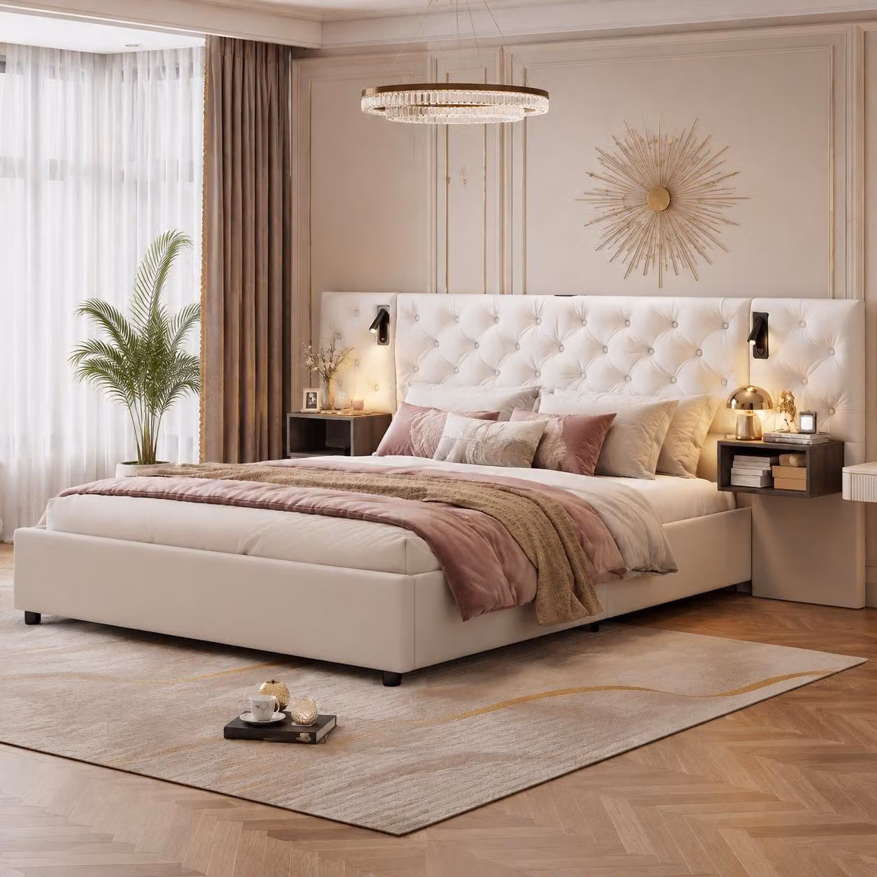 Letto imbottito INONEFT, 140 x 200 cm, con sistema di sollevamento idraulico, contenitore e rete a doghe, letto matrimoniale con LED e porta USB, rivestito in velluto, colore crema, senza materasso
