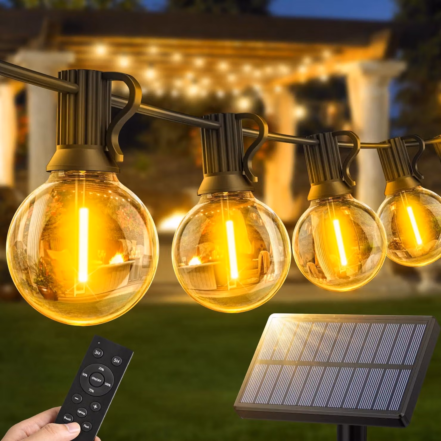 Catena luminosa solare G40, 14 metri, 18 LED, dimmerabile, grado di protezione IP65, con telecomando, colore bianco