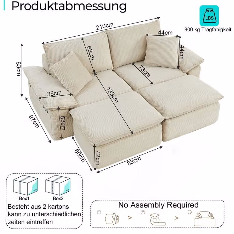 Cloud-Sofa - Divano letto modulare - 2 posti - Beige - Rivestimento in tessuto morbido - Imbottitura in schiuma - Stile moderno - Ideale per il soggiorno