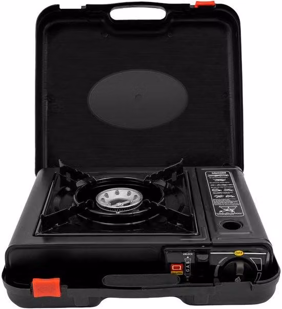 Griglia a gas portatile - Set da cucina per esterni - Ideale per campeggio e picnic - Include custodia per il trasporto - 34 x 26 x 8 cm - Colore: nero