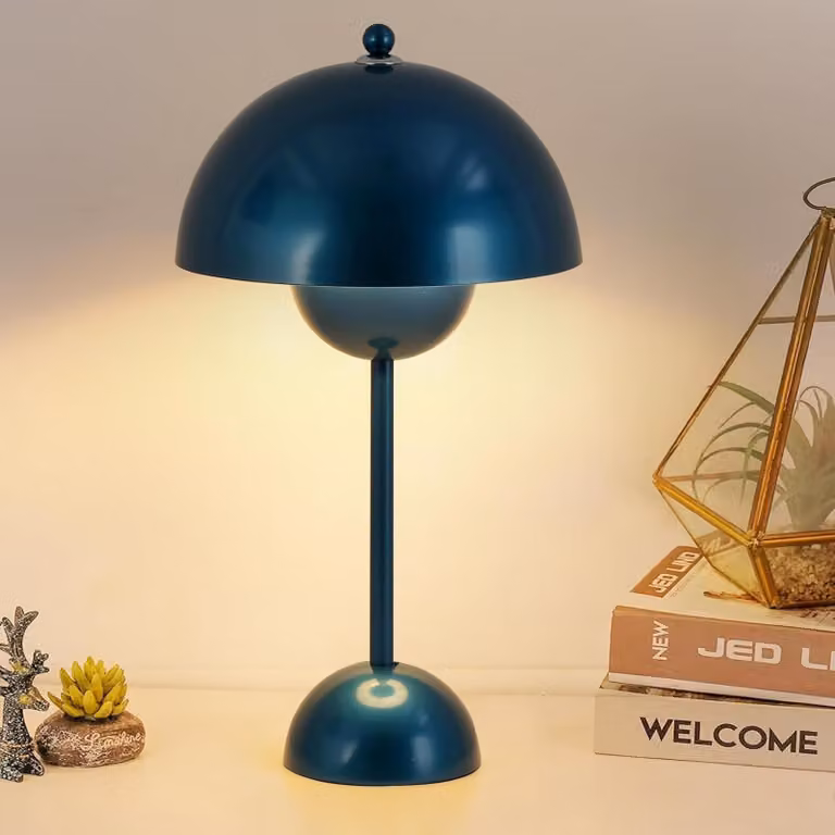 Lampada da tavolo a forma di fungo blu navy con vaso di fiori - metallo, 34 cm, attacco E27 per camera da letto, soggiorno, camera dei bambini, studio o ufficio