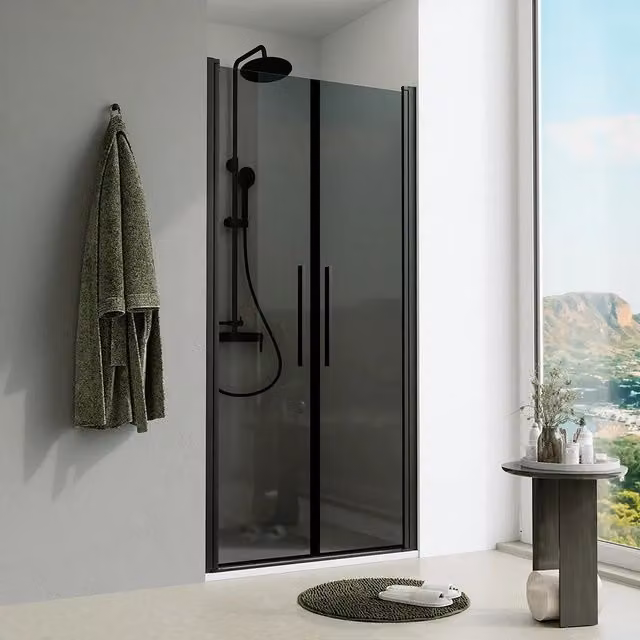 Porta doccia 80cm apertura saloon con profili nero opaco e vetro da 6mm fumè h195 | Elba