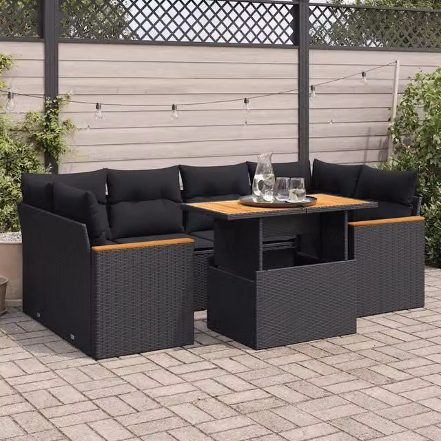 Set Divano da Giardino 6 pz con Cuscini Nero Polyrattan Acacia 3327450