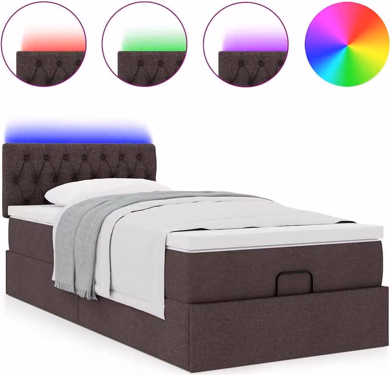 Pouf Letto con Materasso e LED Marrone Scuro 90x200 cm Tessuto