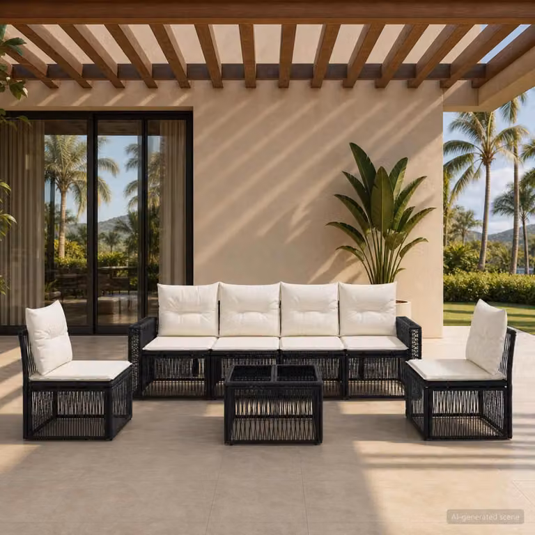 Maison Exclusive - Set da giardino composto da 7 pezzi. Divano da giardino in rattan sintetico, colore nero e crema