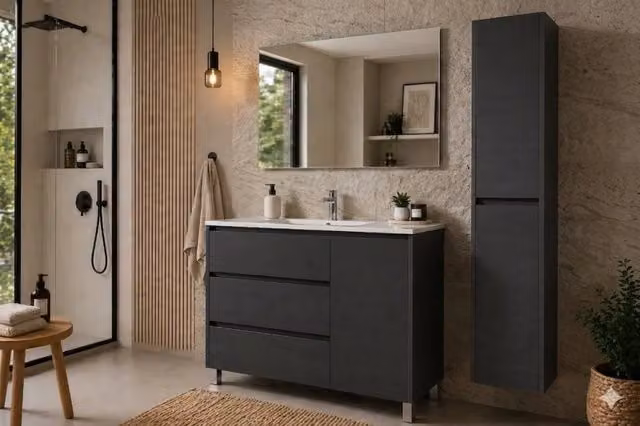 Mobile Bagno VOLUM Già Montato 3 cassetti e porta, lavabo e specchio Grafite 100x40 cm con colonna