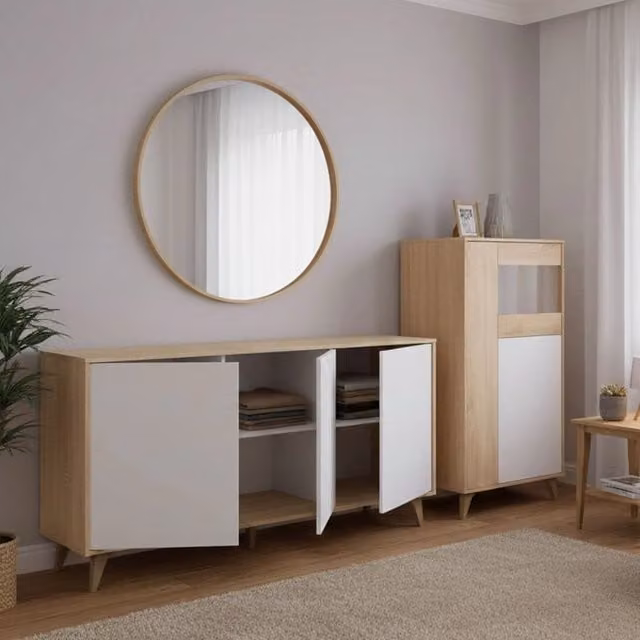 Leverano, set Mobili da Soggiorno Modulabile, Marrone Rovere