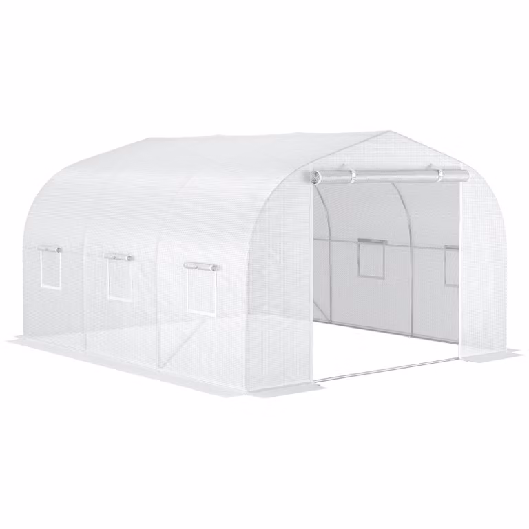 Outsunny serra tunnel da giardino, dimensioni: 3,5 x 3 x 2 m, porta + 6 finestre avvolgibili, telo in PE zincato in acciaio ad alta densità, bianco