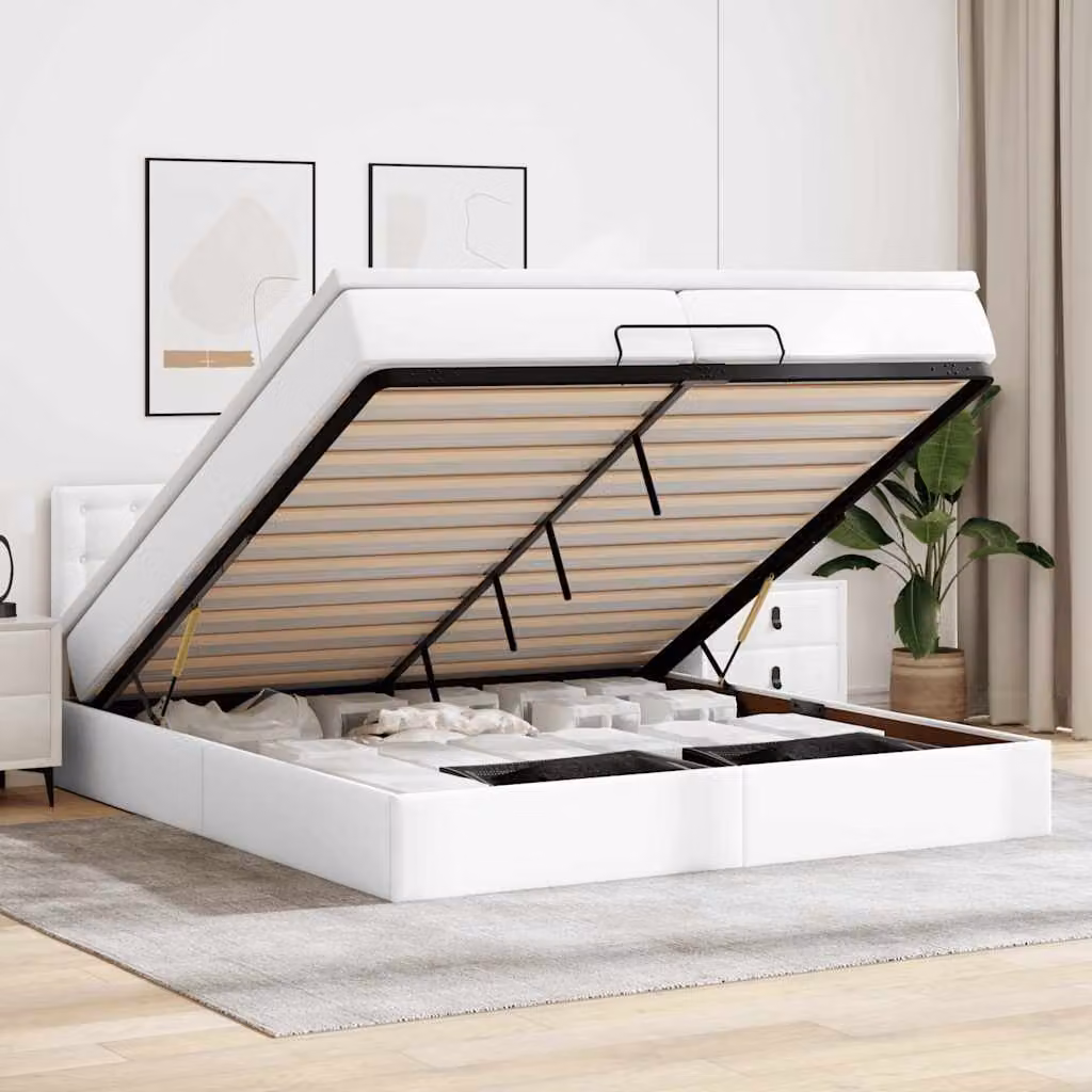 vidaXL Letto con Pouf e Materasso in Similpelle Bianca con Base a Sollevamento, Illuminazione Sotto il Letto e Porte USB, L/P/H: 200 x 200 x 280 cm