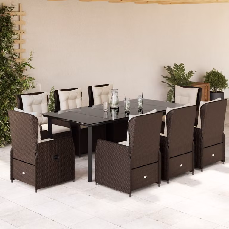 Set da Pranzo da Giardino vidaXL in Polyrattan Marrone con Cuscini e Piano in Vetro, 9 Pezzi