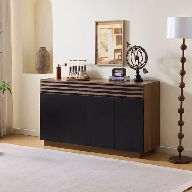 Credenza moderna in MDF con 2 cassetti e 4 ante per soggiorno e cucina, effetto legno marrone e nero, L 150 x P 40 x H 85 cm