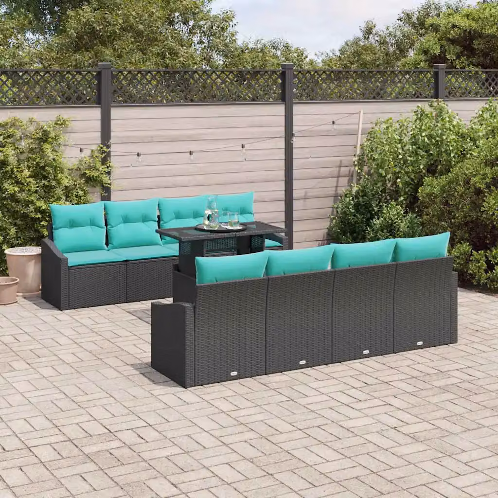 Set Divano da Giardino Moderno vidaXL 7 Pezzi in Polyrattan Nero e Blu con Cuscini e Tavolino in Vetro