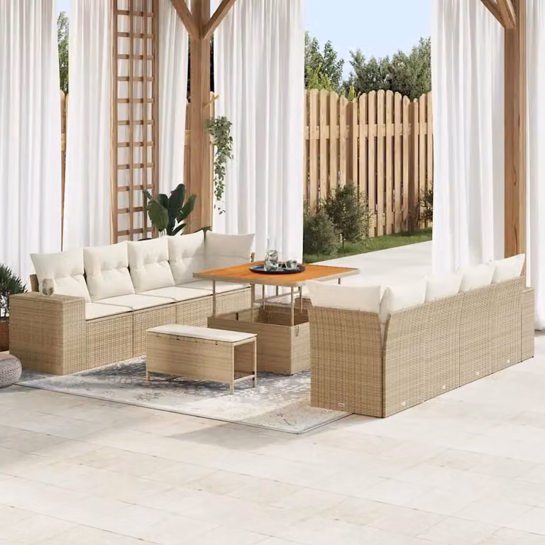 Set Divano da Giardino vidaXL 11 pz in Polyrattan Beige con Cuscini e Tavolino