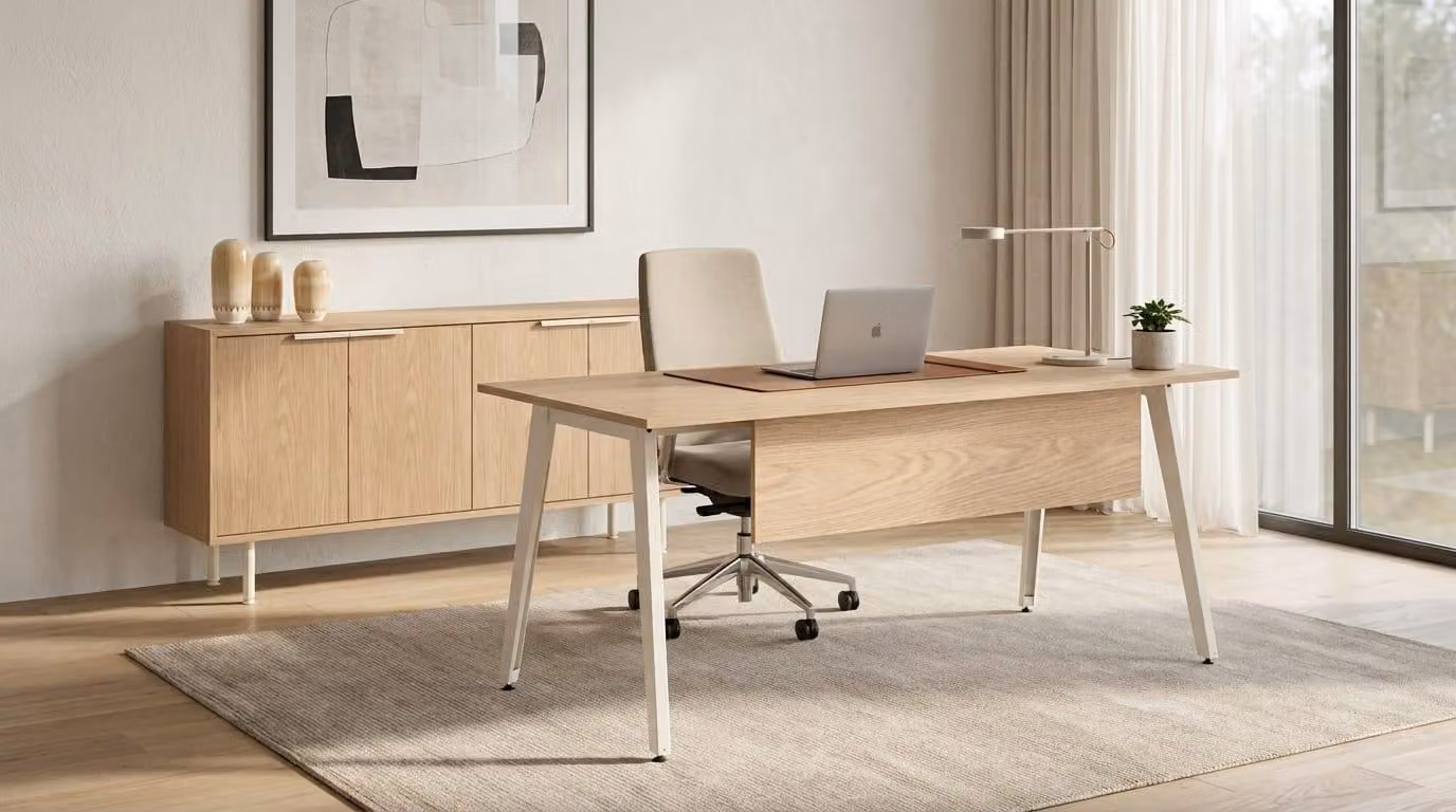 Set da ufficio elegante, scrivania, mobiletto laterale, colore marrone, design moderno e versatile
