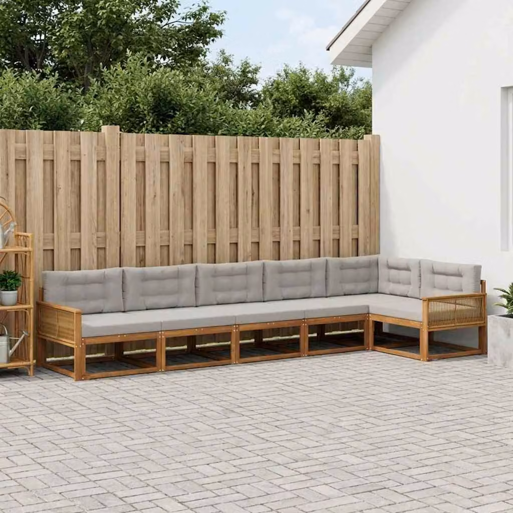 Set di divani da esterno vidaXL a forma di L in legno di acacia con cuscini, 6 pezzi, Beige e Grigio