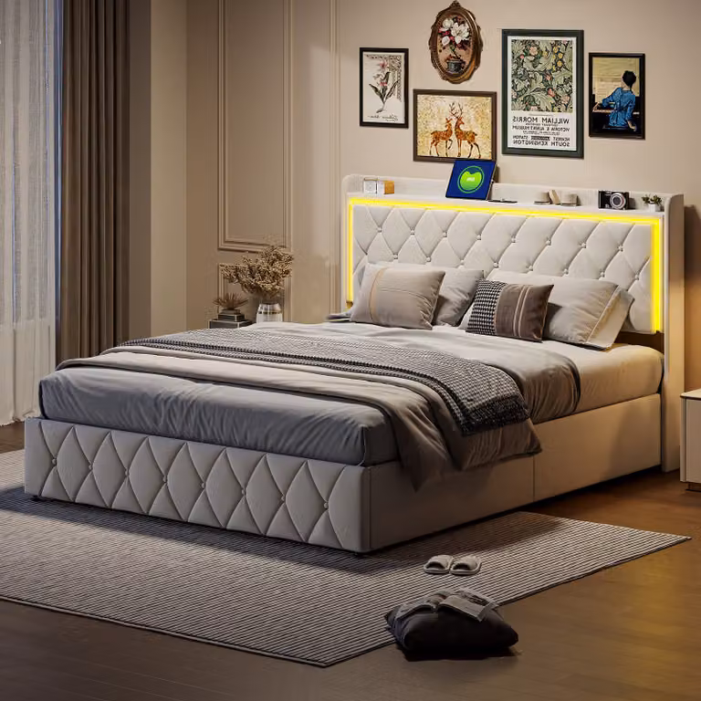 letto a cassettone 140 x 200, letto matrimoniale 140 x 200 con boxer, testata con ricarica USB e luci LED regolabili, velluto, Beige