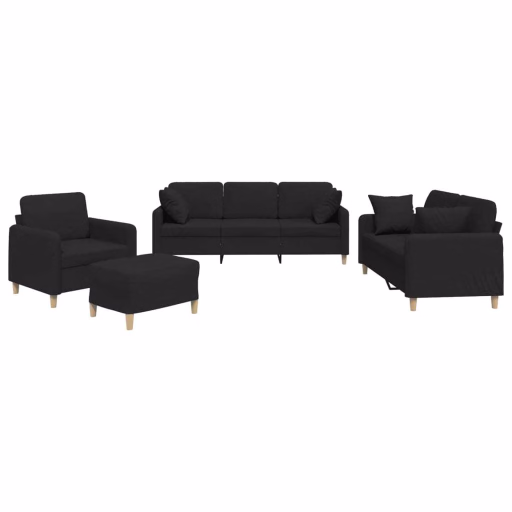Set Divani 4 pz con Cuscini Nero in Tessuto