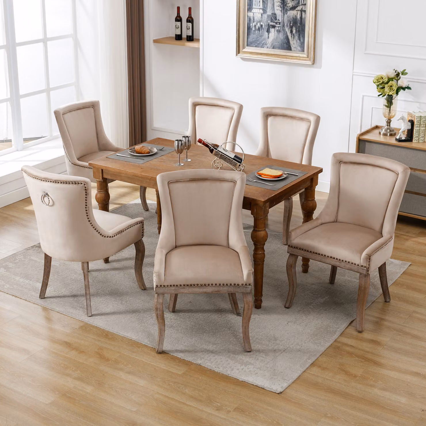 okwish, 6 sedie da pranzo sedie da cucina, poltrona per il soggiorno, poltrona poggiapiedi, sedia multifunzionale con decorazione a chiodini, gambe in legno massello, rivestimento in velluto, colore beige
