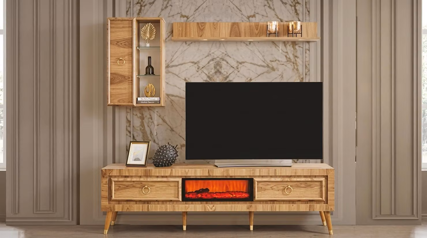 TV Lowboard Wandschrank Wandregal Stil modern braun Kamin
