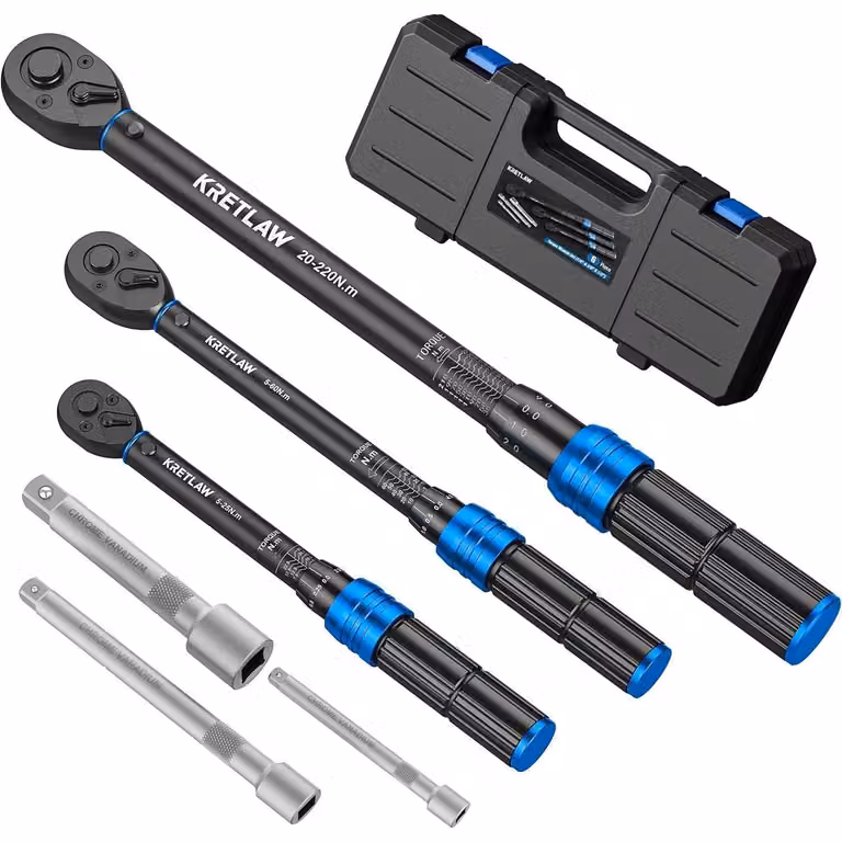 Set di chiavi dinamometriche, 6 pezzi, 1/2", 3/8", 1/4", con gamme da 5-25 Nm, 5-60 Nm e 20-220 Nm, testa a cricchetto a 72 denti e 3 prolunghe