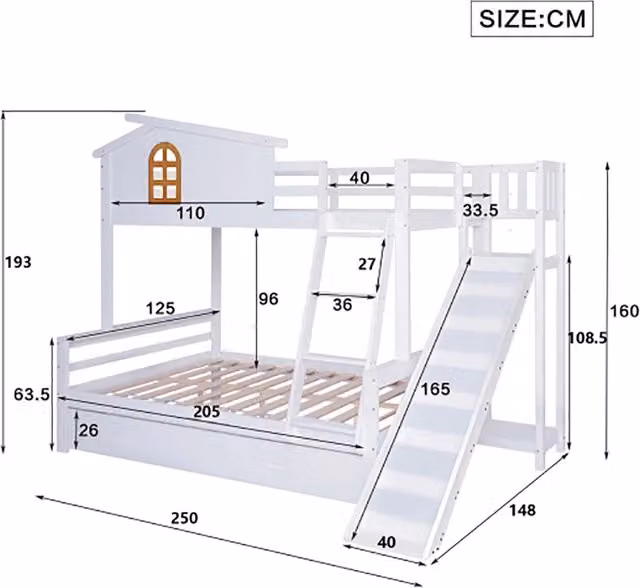 Letto a castello per bambini con scivolo - Xylo - 90x200cm e 120x200cm, bianco, due cassetti