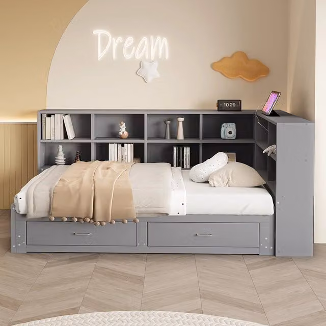 Divano in legno 90/180x190cm - Xylo - grigio, cassetti, doghe, presa EU