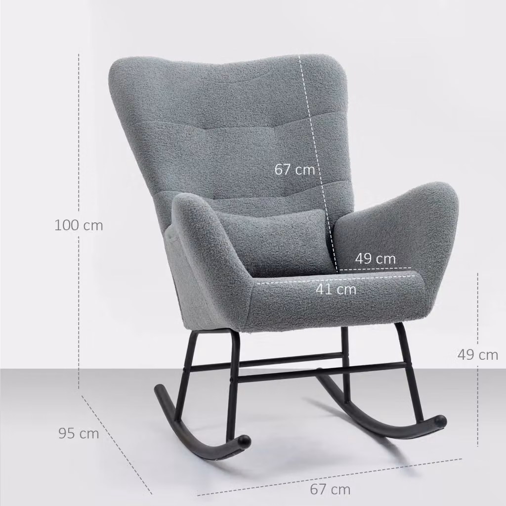 Poltrona a dondolo WISHDOR in tessuto bouclé grigio con struttura in metallo e tasca laterale, L: 67 cm, P: 95 cm, H: 100 cm – 2