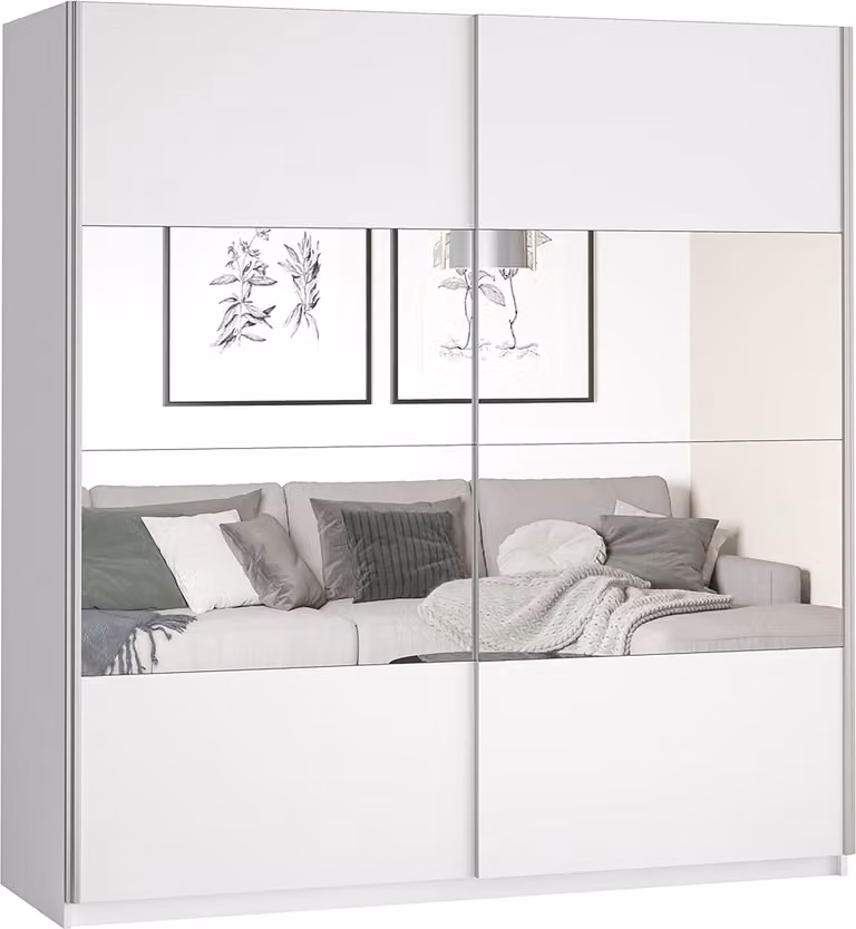 Armadio a porte scorrevoli Masseno BETTINA 200 cm, armadio da camera da letto a 2 ante con specchio, bianco