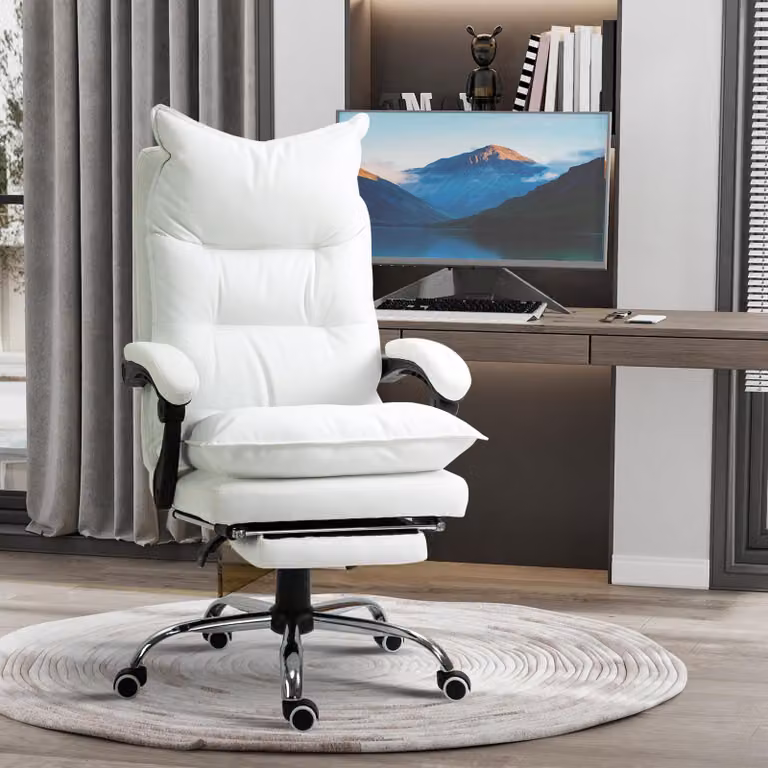sedia da ufficio regolabile in altezza okwish sedia per computer con schienale e sedile girevole a 360°, sedia direzionale da scrivania con poggiapiedi e ruote piroettanti, bianco