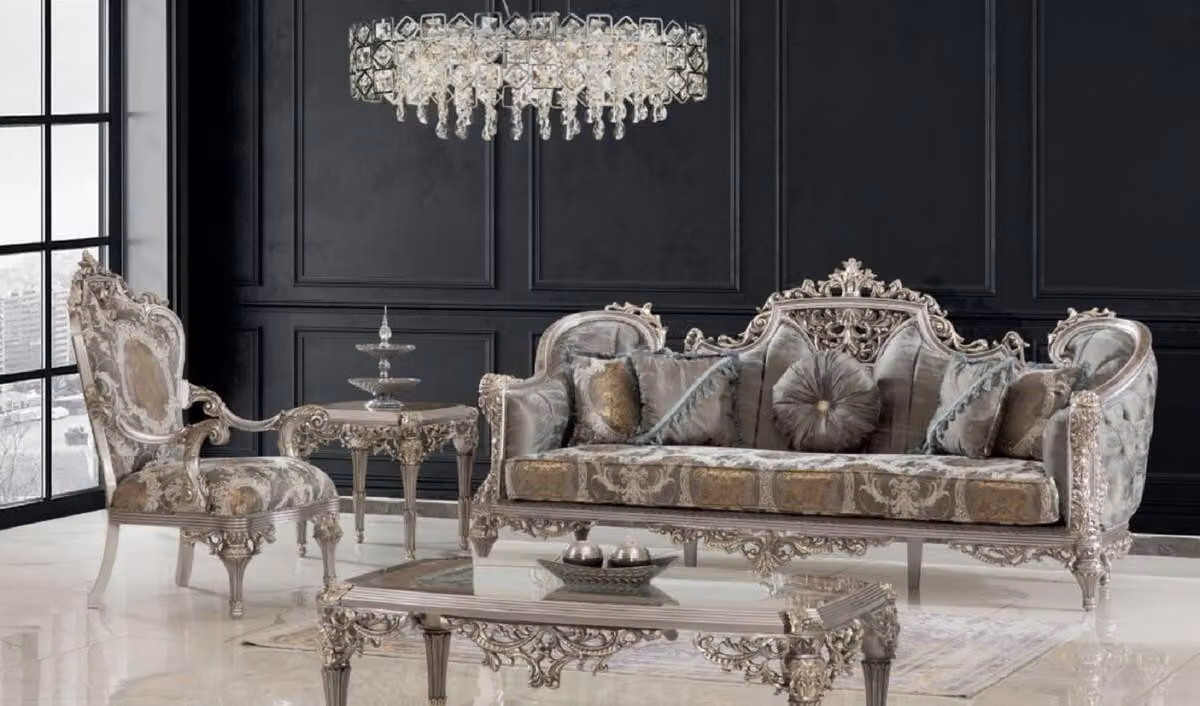 Casa Padrino set da salotto barocco grigio / argento / oro - 2 divani & 2 poltrone & 1 tavolino & 2 tavolini - Mobili da salotto fatti a mano in stile barocco - Nobile e magnifico